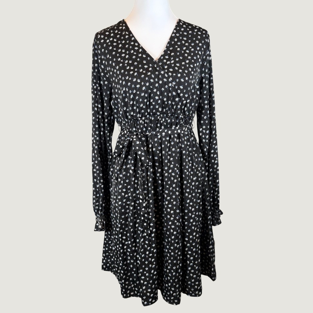 Motherhood Nursing Dress Small Black Floral Long Sleeve V-Neck Belted